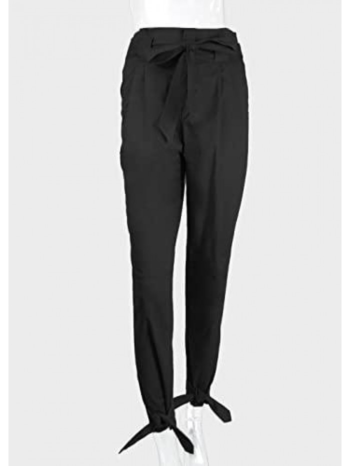 Women's Casual Loose Paper Bag Waist Long Pants Trousers with Bow Tie Belt Pockets 