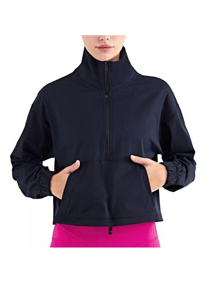 Half Zip Pullover Cropped Jackets for Women Long Sleeve Workout Athletic Running Yoga Shirts 