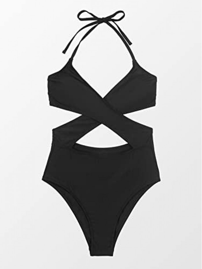 Women One Piece Swimsuit V Neck Halter Cut Out Criss Cross Front Self Tie Monokini Bathing Suit 