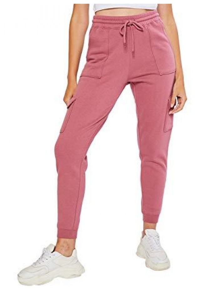 Women's Ultra Soft Fleece Lightweight Casual Active Workout Solid Relaxed Fit Terry Cargo Pockets Jogger Sweatpants 