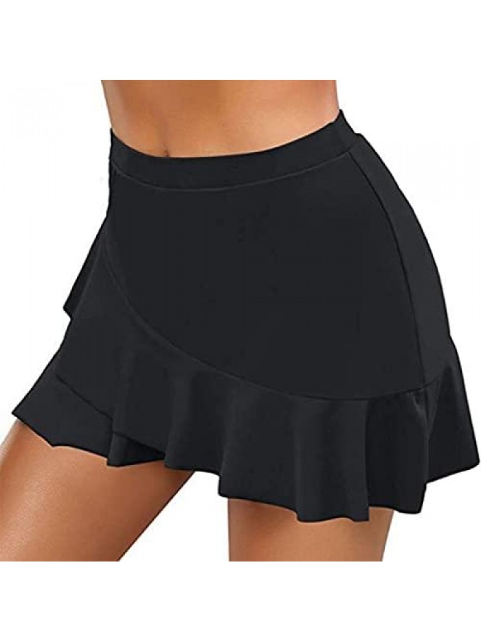 Ruffled Swim Skirt Tummy Control Bathing Suit Skirt with Built-in High Waisted Bikini Swimsuit Bottoms for Women 