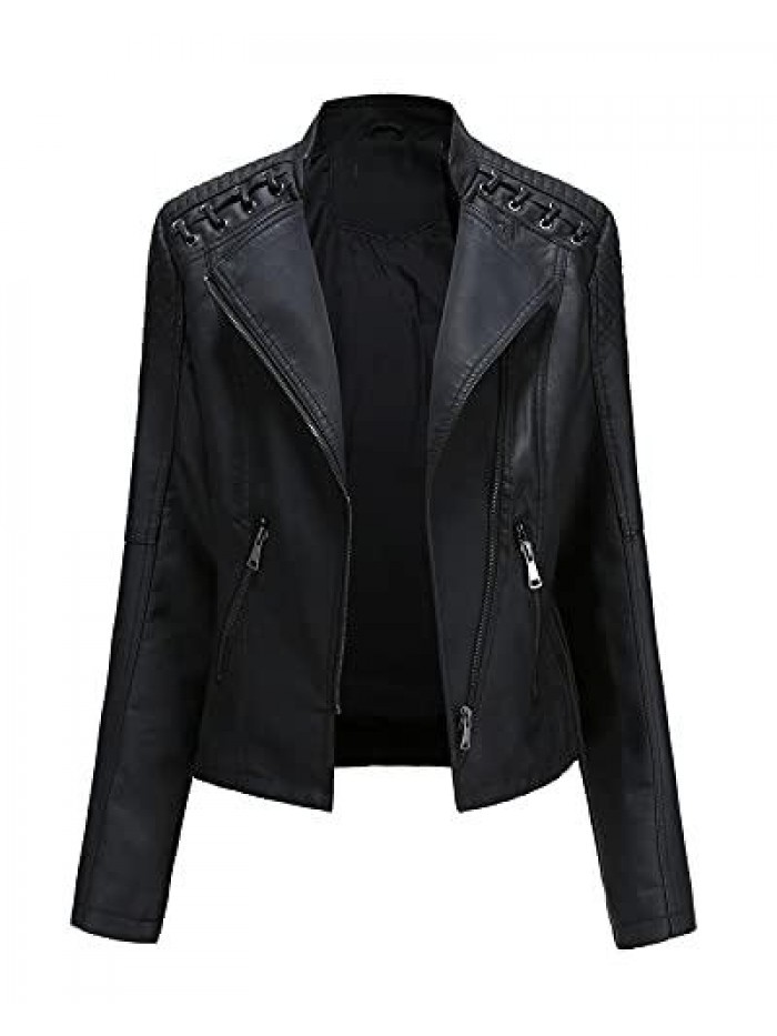 Women's Faux Leather Moto Biker Jacket Slim PU Plus Size Coat (Black,M) 