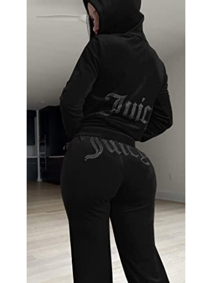 Tracksuit Sets 2 Piece Velour Sweatsuits Workout Crop Jacket Flared Pants Joggers Outfits  