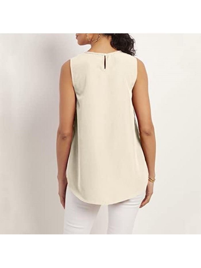 Women's Summer Sleeveless Lightweight Vest Crew Neck Keyhole Closure Side Slits Tee Tops 