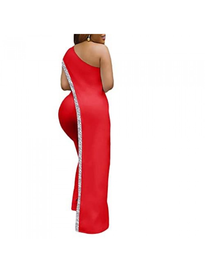 Women's One Shoulder Sequins Irregular Wide Leg Pants Jumpsuit Evening Party Romper Outfit 