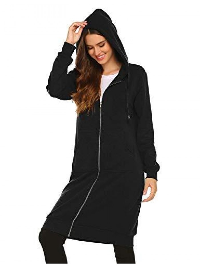 Women Casual Zip up Fleece Hoodies Tunic Sweatshirt Long Hoodie Jacket S-XXL 