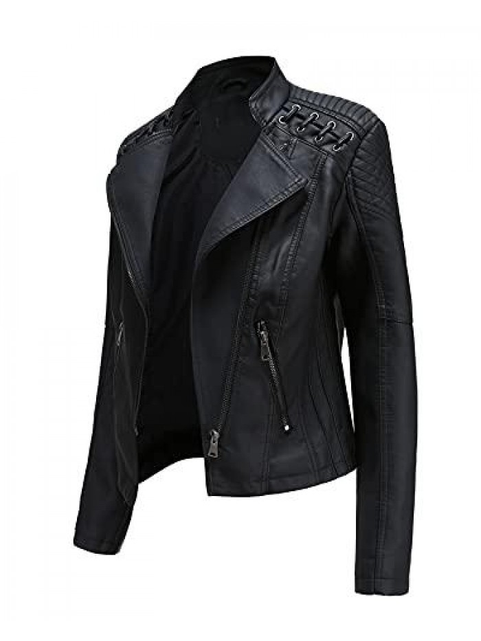 Women's Faux Leather Moto Biker Jacket Slim PU Plus Size Coat (Black,M) 