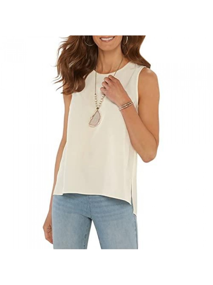 Women's Summer Sleeveless Lightweight Vest Crew Neck Keyhole Closure Side Slits Tee Tops 