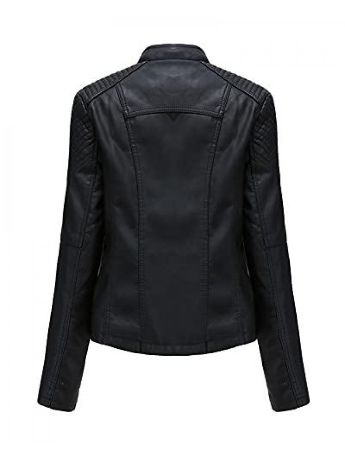 Women's Faux Leather Moto Biker Jacket Slim PU Plus Size Coat (Black,M) 