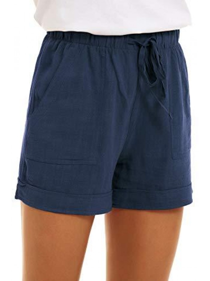 Comfy Drawstring Casual Elastic Waist Shorts for Women Summer Beach Cotton Pull On Short with Pockets 