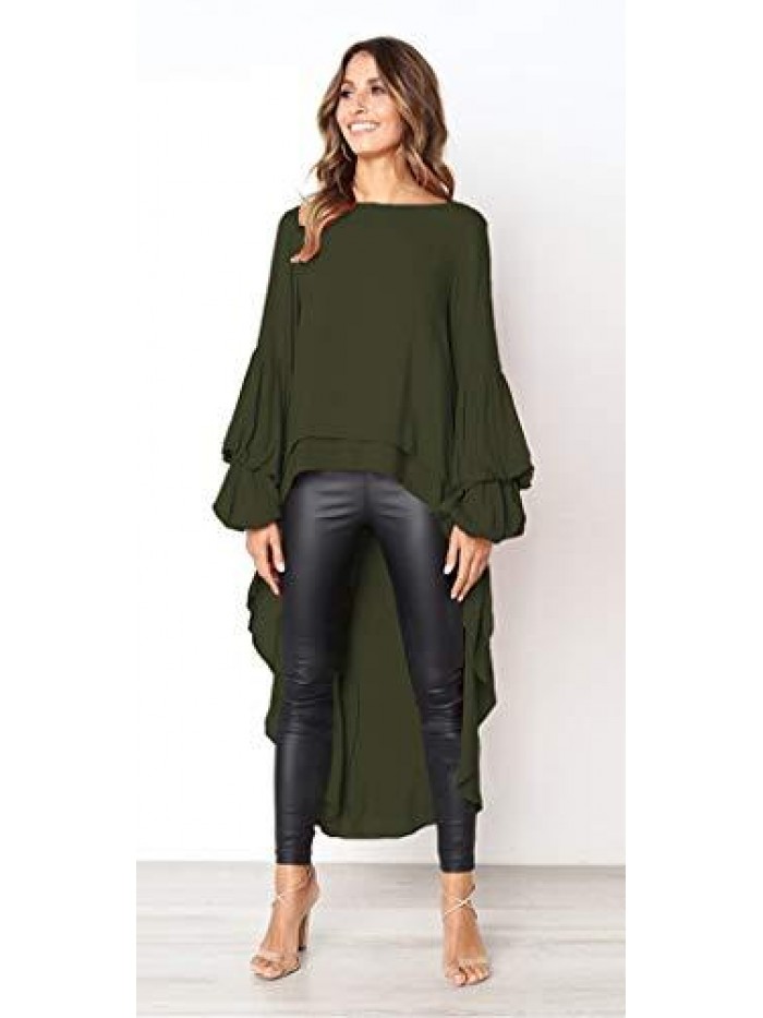 Women's Lantern Long Sleeve Round Neck High Low Asymmetrical Irregular Hem Casual Tops Blouse Shirt Dress 