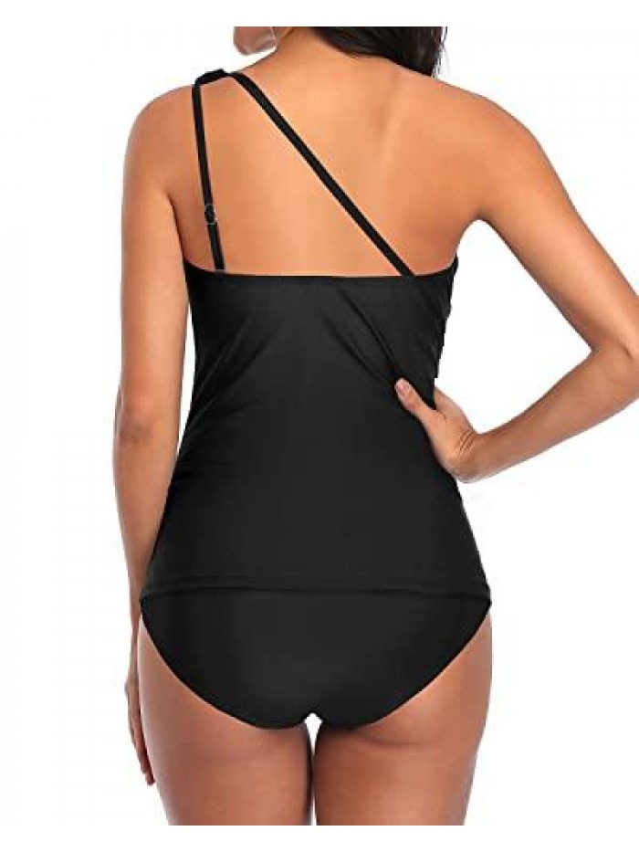 Me Two Piece Swimsuits for Women One Shoulder Tankini with Shorts Tummy Control Ruched Bathing Suit 