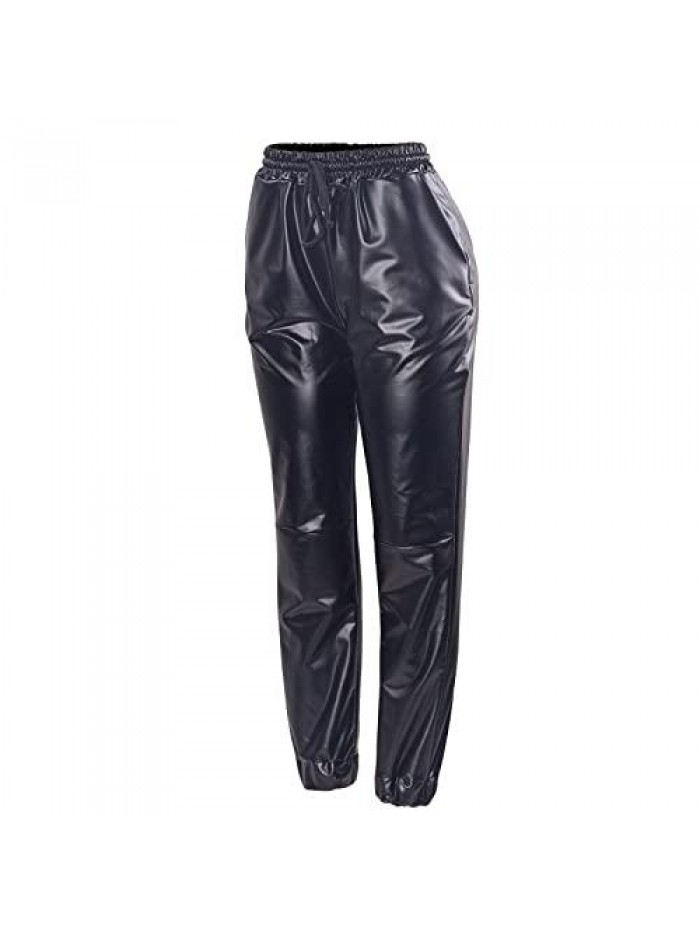 Women's Faux Leather Pants High Waist Elastic Stretchy Drawstring Jogger Trousers with Pockets Club Outfits 