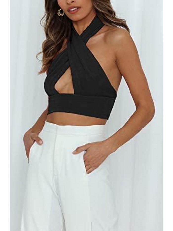 Summer Crop Top Halter Neck Criss Cross Sexy Y2k Tops Backless Cami Tank 