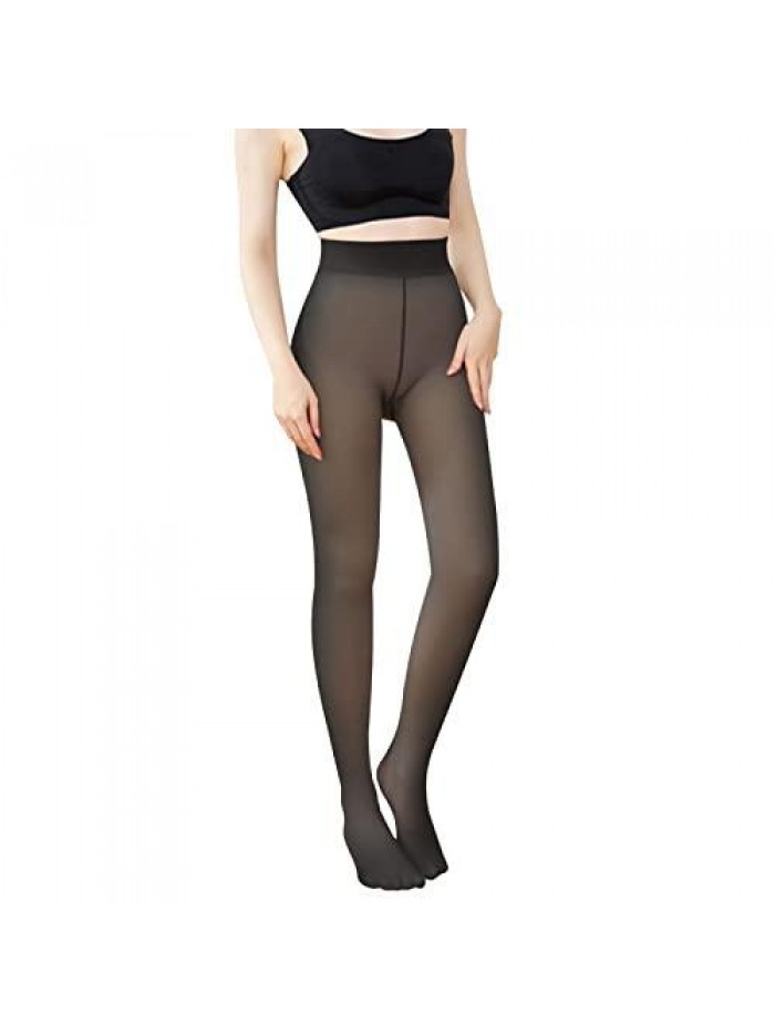 Women's Winter Tights Fleece Lined Pantyhose Opaque Warm Leggings Thicken Fake Translucent Tights Elastic Control Top 