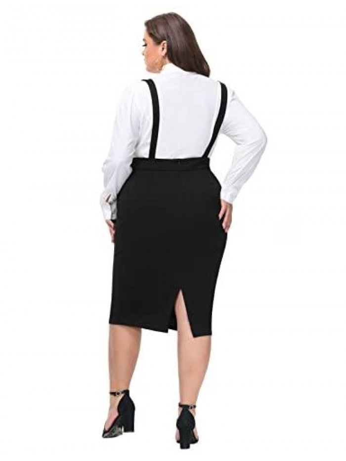 Plus Size High Waist Overalls Back Slit Pencil Bodycon Midi Suspender Skirt 