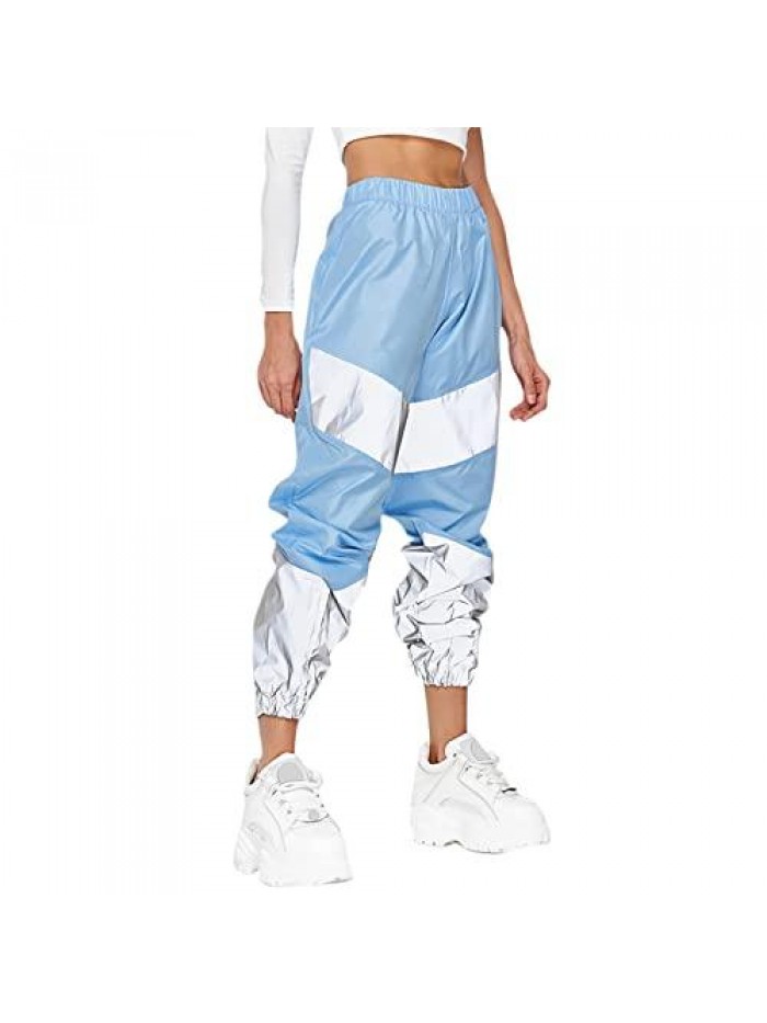 Women's Rave Reflective Pants with Pocket Sport Joggers Pants Track Trouser Sweatpants Party Festival Club Outfit 