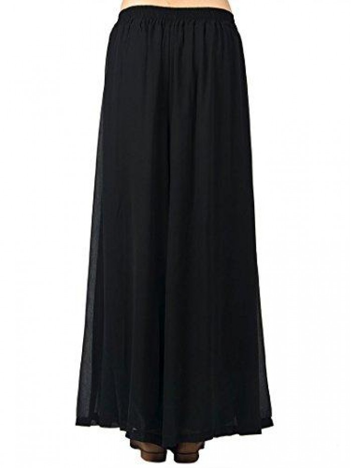 Women's Chiffon Pleated Plain Elastic Waist Wide Leg Palazzo Pants 