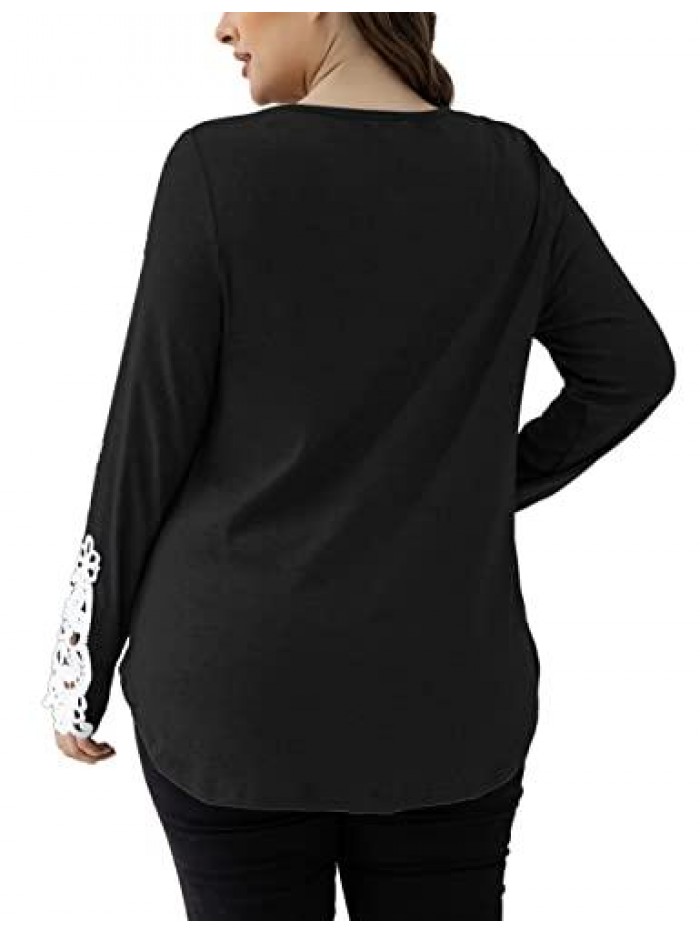 Womens Plus Size Tops Lace Long Sleeve Casual Tunic Shirts Round Neck Blouses M-3X 