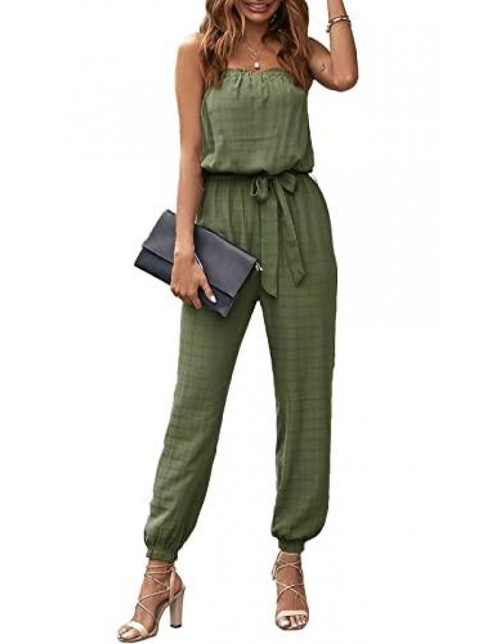 Women's Summer Casual Jumpsuits Off Shoulder Elastic Waist Belted One Piece Beam Foot Long Rompers With Pockets 