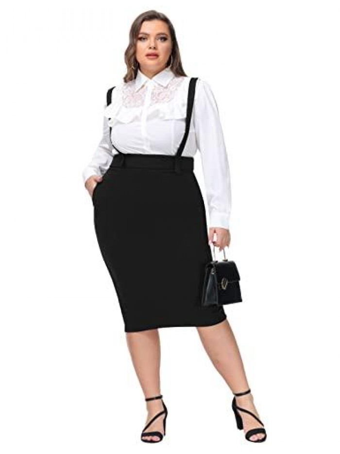 Plus Size High Waist Overalls Back Slit Pencil Bodycon Midi Suspender Skirt 