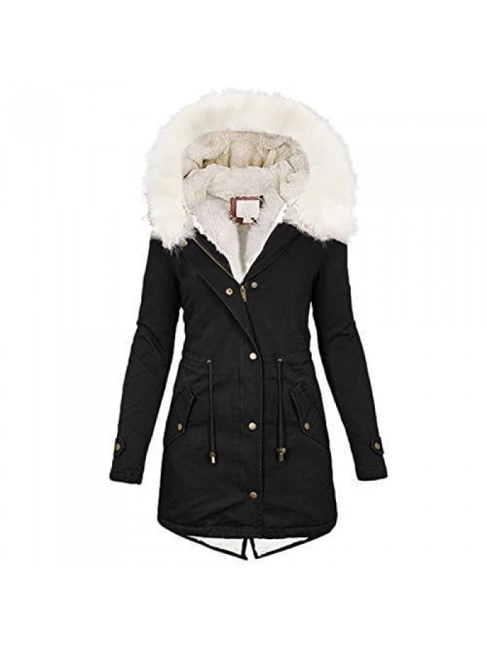 Womens Coats Plus Size Overcoats with Fur Hood Fleece Chunky Jackets Zipper Button Outerwear Winter Warm Parka 