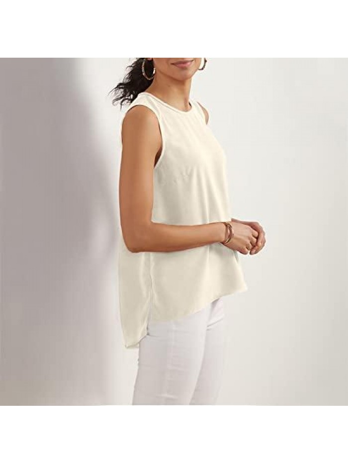 Women's Summer Sleeveless Lightweight Vest Crew Neck Keyhole Closure Side Slits Tee Tops 