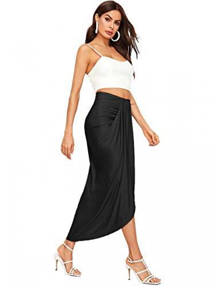 Women's Casual Slit Wrap Asymmetrical Elastic High Waist Maxi Draped Skirt 