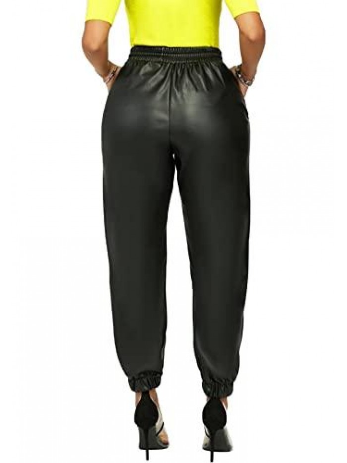 Women's Faux Leather High Waist Joggers Pants with Pockets PU Elastic Waisted Casual Trousers 