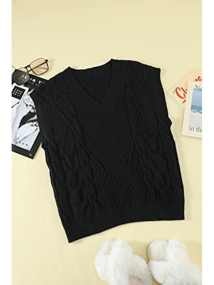 Sweater Vest Women, V Neck Women's Sweater Vests, Black Sweater Vest Sleeveless Knitwear Tank Tops 