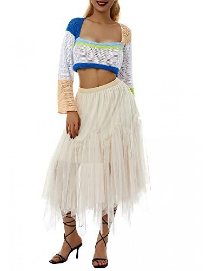 Mesh Skirt Elastic Waist A-line Midi Skirt Tutu Layered Tulle Skirt Prom Evening Party Wedding Skirt 