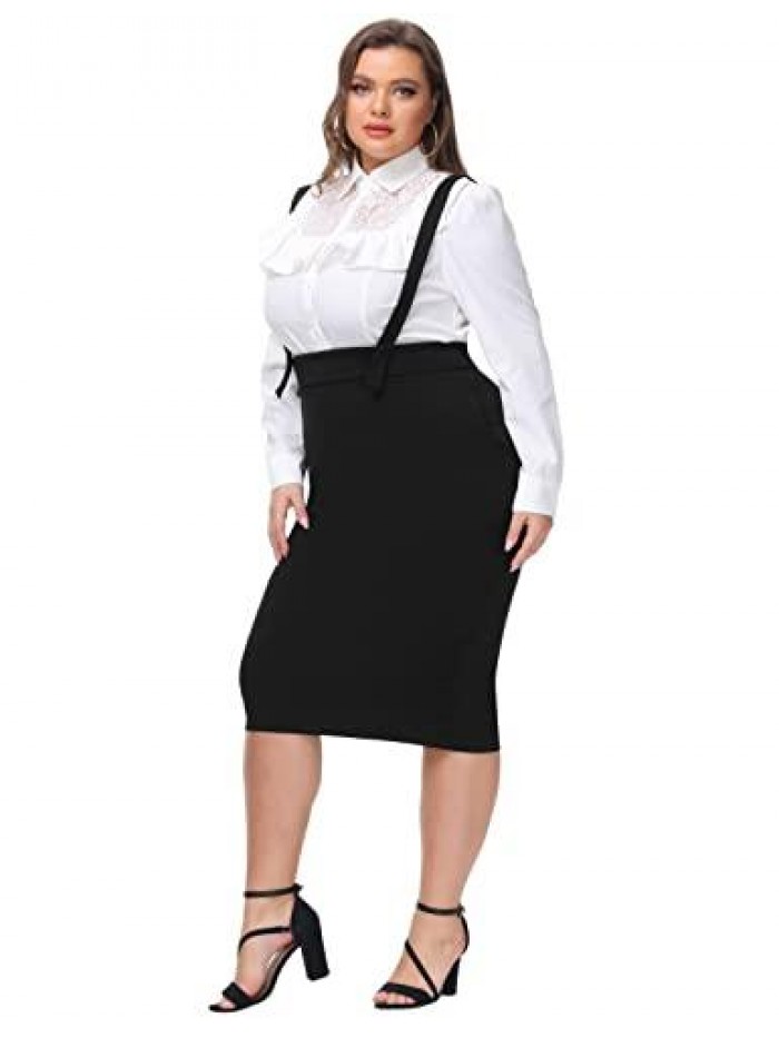 Plus Size High Waist Overalls Back Slit Pencil Bodycon Midi Suspender Skirt 