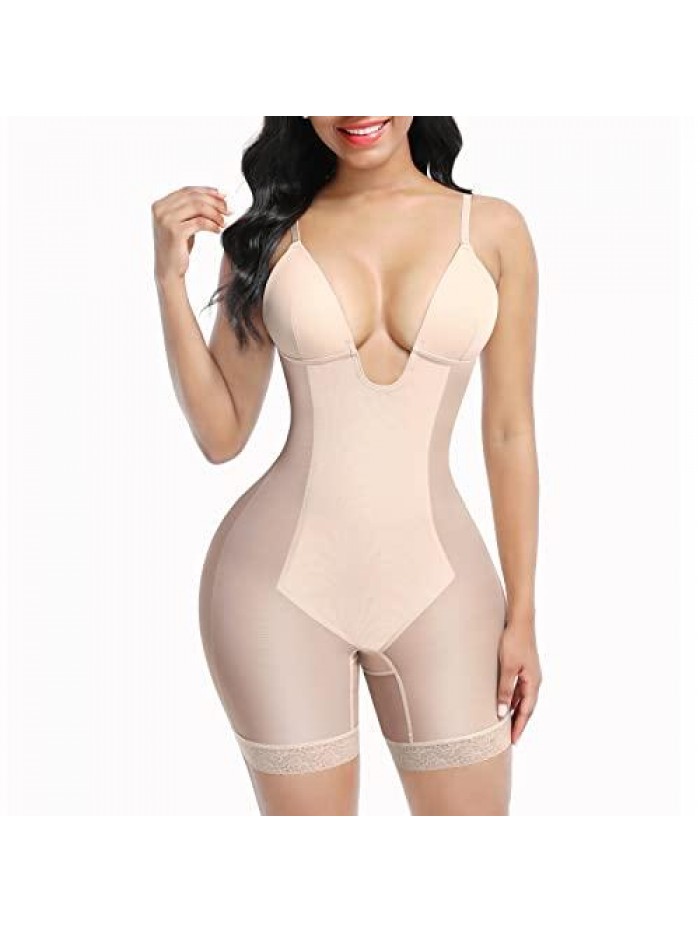 Shapewear for Women Tummy Control Seamless Faja Mesh Built-in Bra Body Shaper with U Plunge 