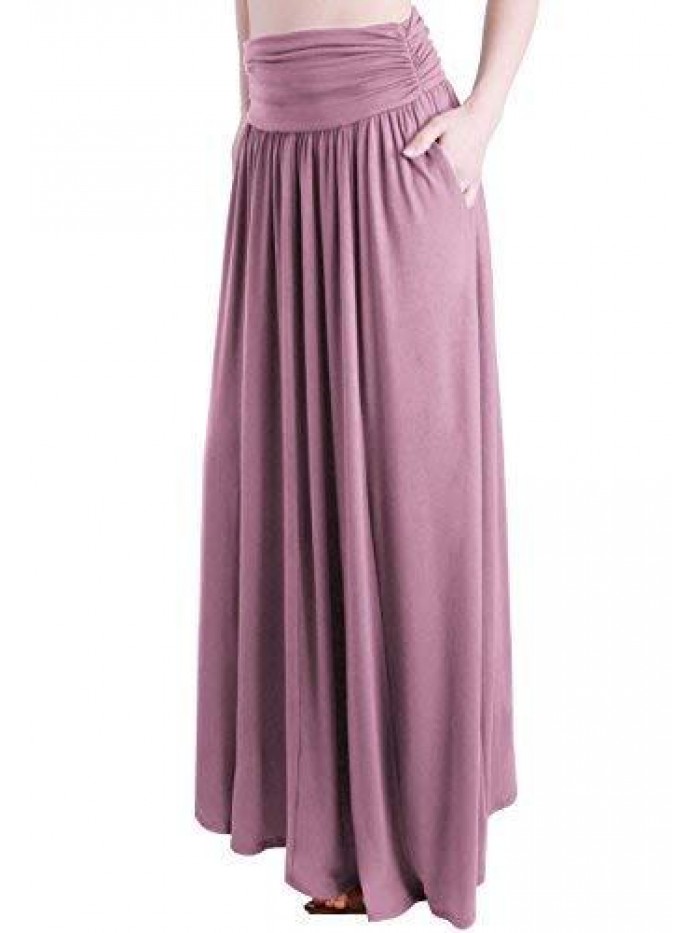 UNITED Women's Rayon Spandex High Waist Shirring Maxi Skirt with Pockets 