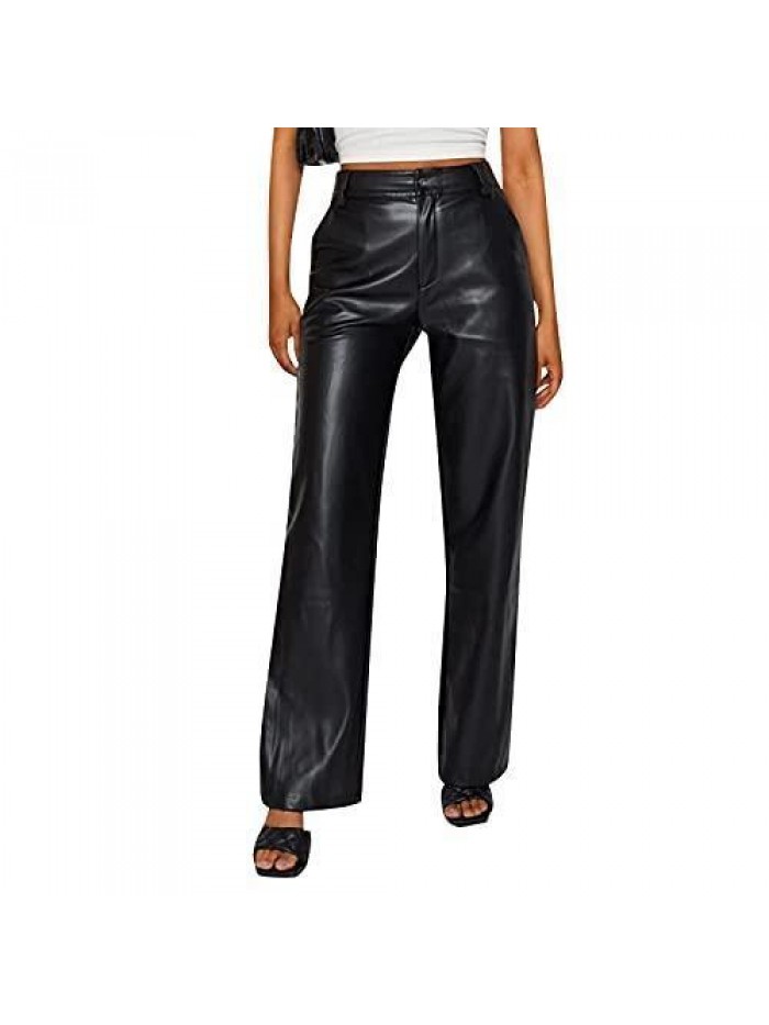 Faux Leather Leggings Pants High Waist Straight Wide Leg Pu Zipper Pleather Solid Pants With Pockets 