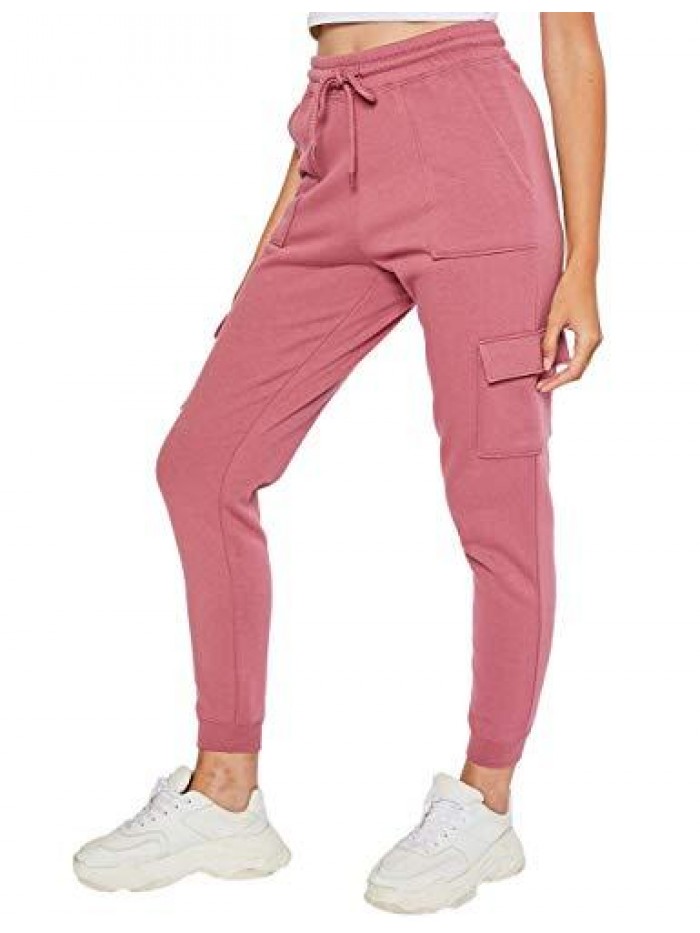 Women's Ultra Soft Fleece Lightweight Casual Active Workout Solid Relaxed Fit Terry Cargo Pockets Jogger Sweatpants 