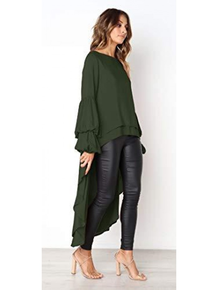 Women's Lantern Long Sleeve Round Neck High Low Asymmetrical Irregular Hem Casual Tops Blouse Shirt Dress 