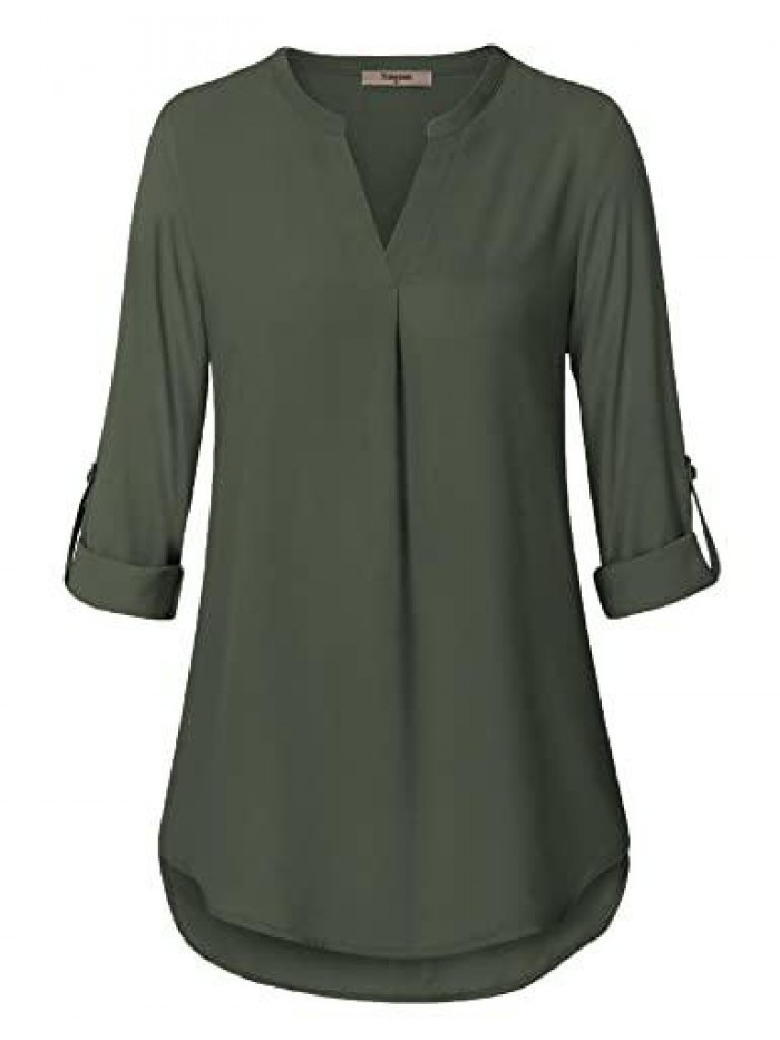 Women's Casual Chiffon V Neck 3/4 Sleeve Blouse Tops 