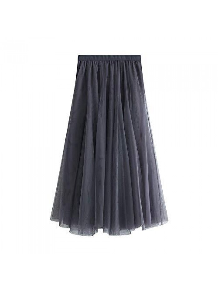 Mesh Long Skirt Solid Color Pleated Chiffon High Waistlayered Lace Long Tulle Skirts for Womens 