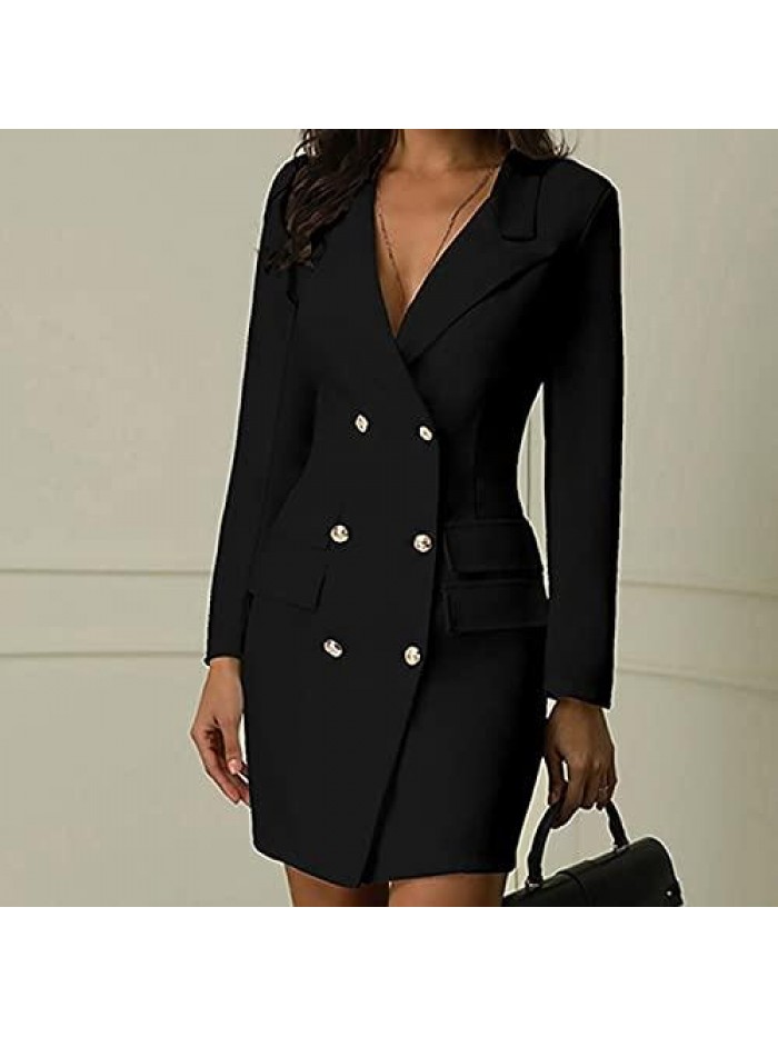 Blazer Dress for Women Bag Hip Solid Elegant Slim Fit Overcoats Long Sleeve Turndown Collar Double Breasted Outfits 