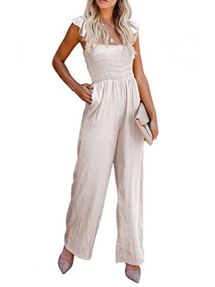 Women's Casual Off Shoulder Solid Color Spaghetti Straps Wide Leg Jumpsuit Romper S-XXL 