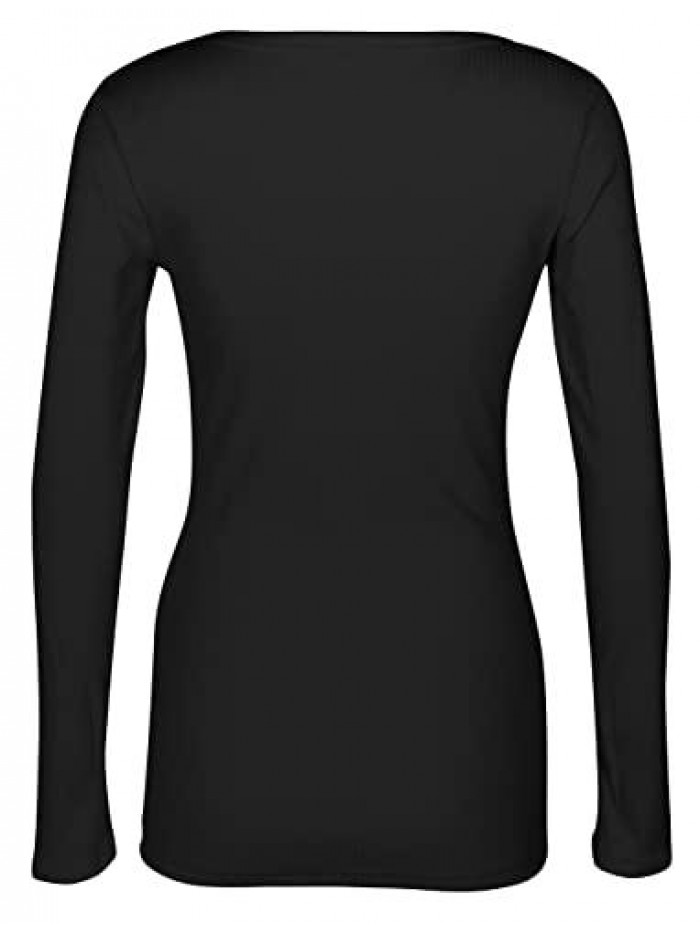 Women Long Sleeve Scoop Neck Ribbed Fitted Knit Shirt Basic T-Shirts 