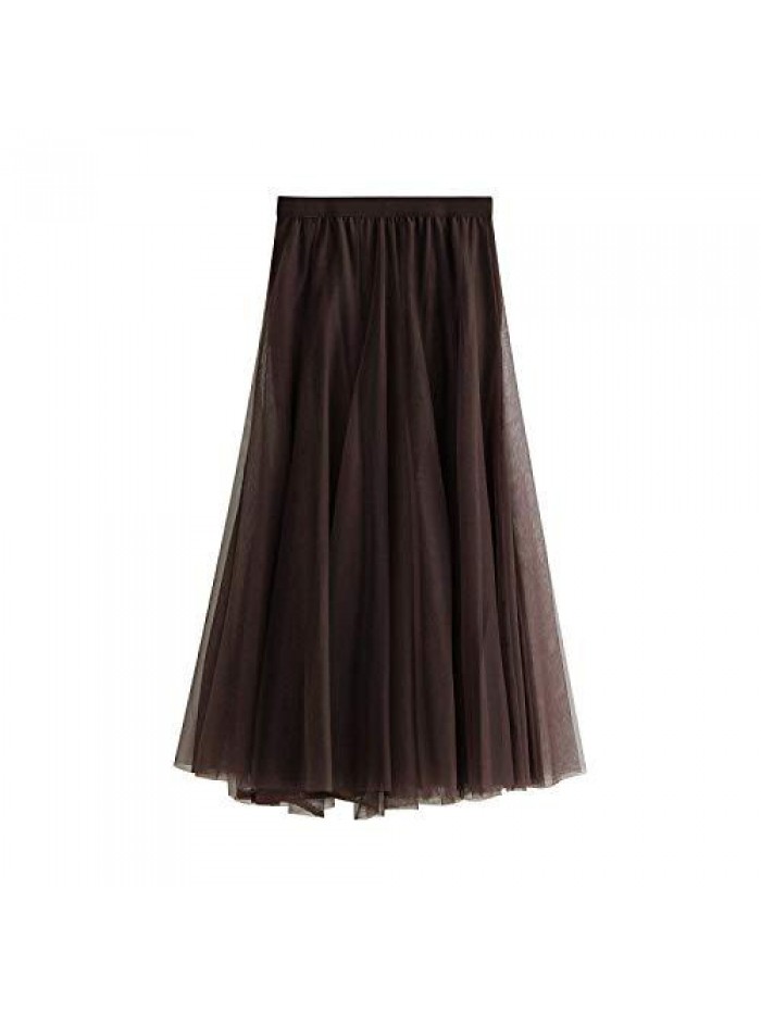 Mesh Long Skirt Solid Color Pleated Chiffon High Waistlayered Lace Long Tulle Skirts for Womens 