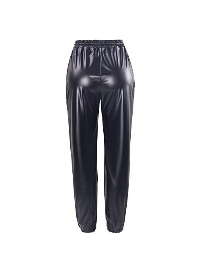 Women's Faux Leather Pants High Waist Elastic Stretchy Drawstring Jogger Trousers with Pockets Club Outfits 