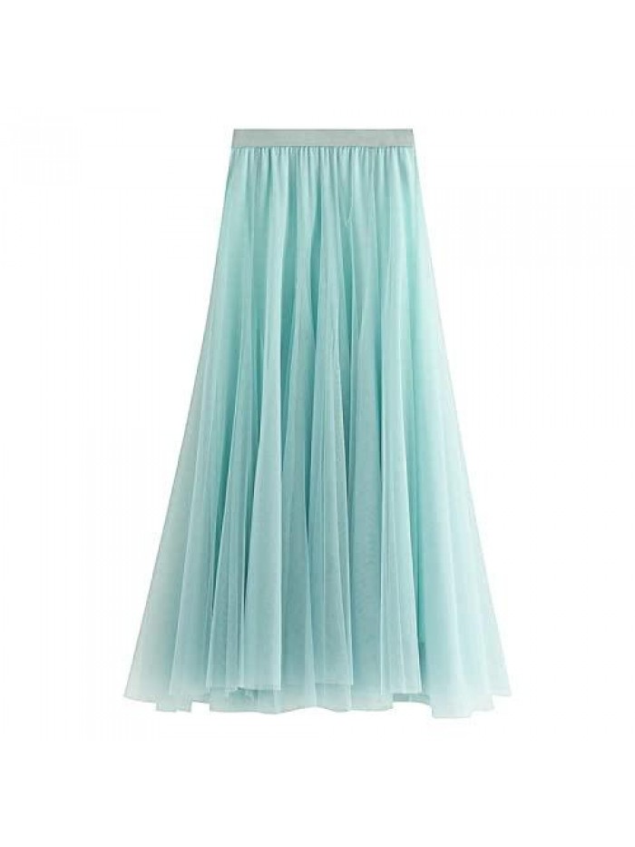 Mesh Long Skirt Solid Color Pleated Chiffon High Waistlayered Lace Long Tulle Skirts for Womens 