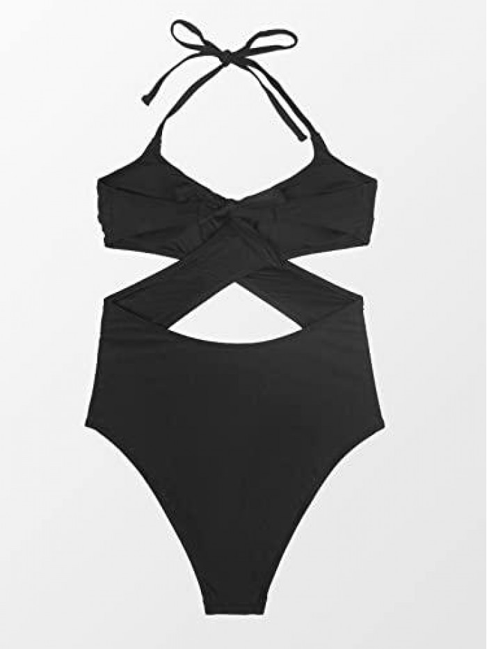 Women One Piece Swimsuit V Neck Halter Cut Out Criss Cross Front Self Tie Monokini Bathing Suit 