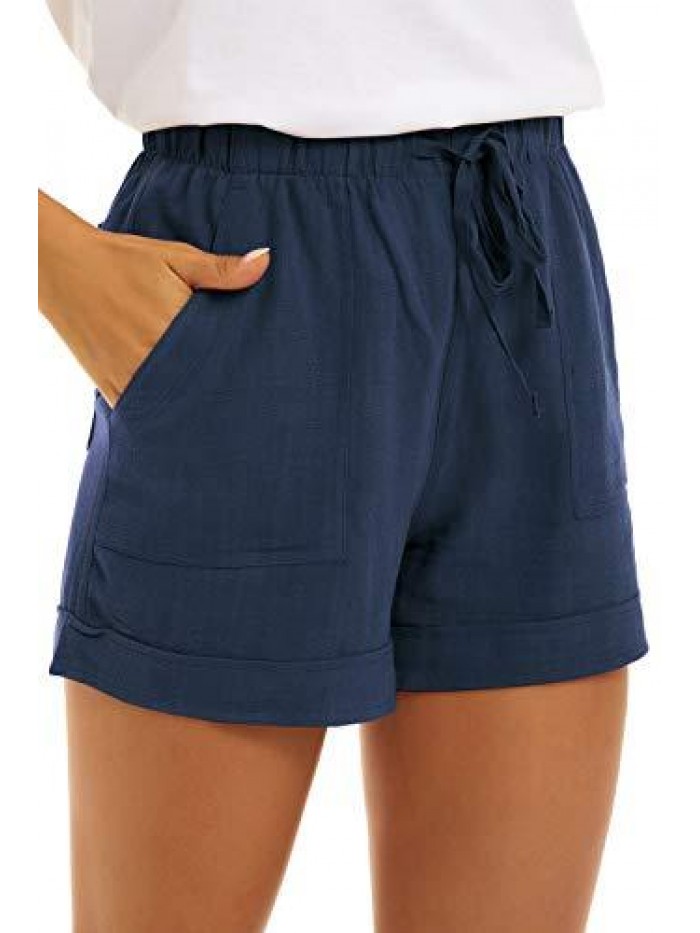 Comfy Drawstring Casual Elastic Waist Shorts for Women Summer Beach Cotton Pull On Short with Pockets 