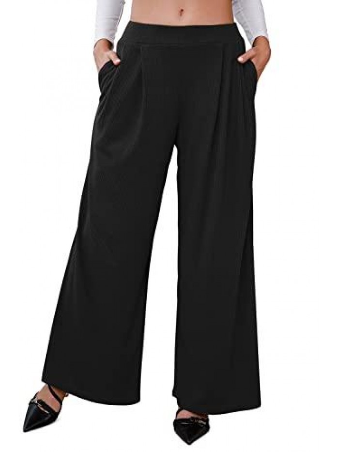 Women Long Wide Leg Pants Business Casual Stretchy Palazzo Pants Loose Fitting Trousers Comfy Work Pants 