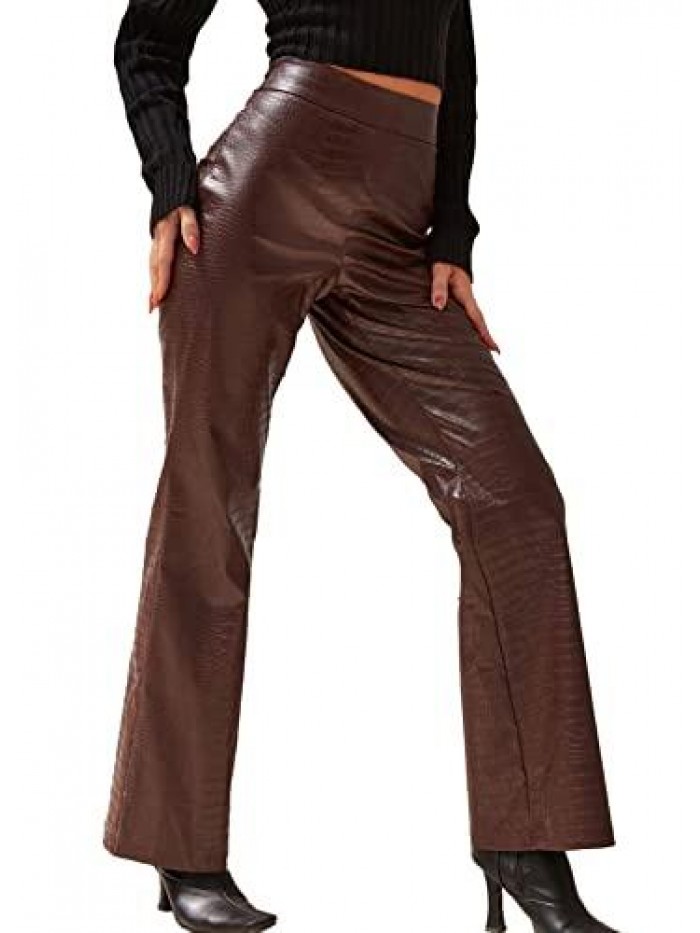 Crocodile Effect Straight Leg PU Leather Trousers High Waist Faux Leather Pants 