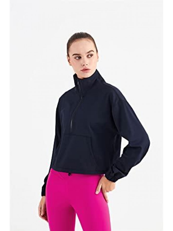 Half Zip Pullover Cropped Jackets for Women Long Sleeve Workout Athletic Running Yoga Shirts 